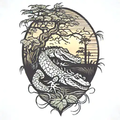 Alligator And Live Oak With Spanish Moss And Sunset