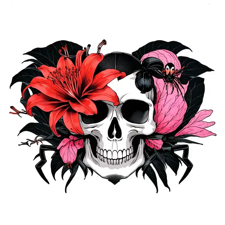 Black And Pink Skull And Red Spider Lily Opposite On Chest