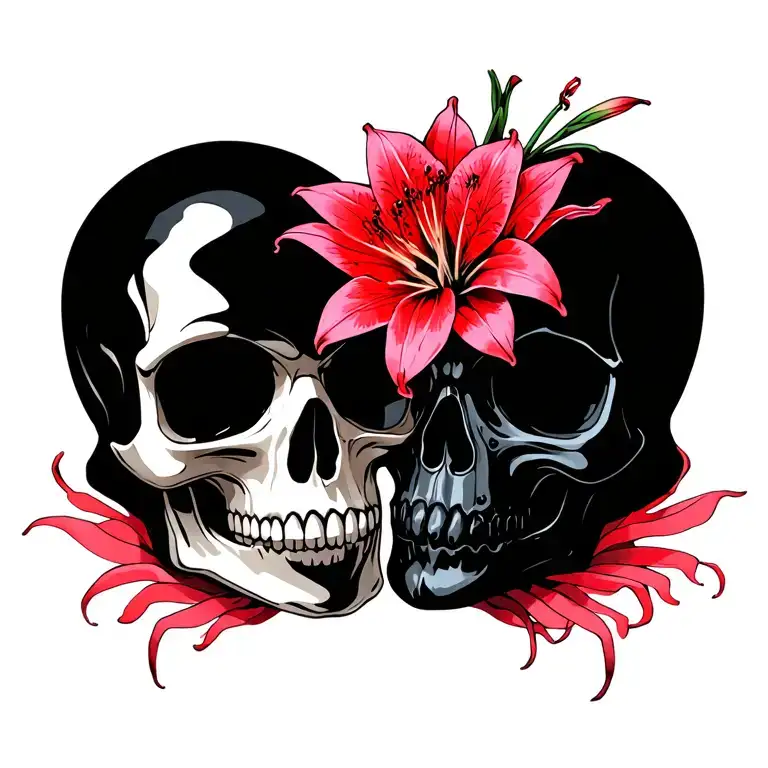 Black And Pink Skull And Red Spider Lily Opposite Directions