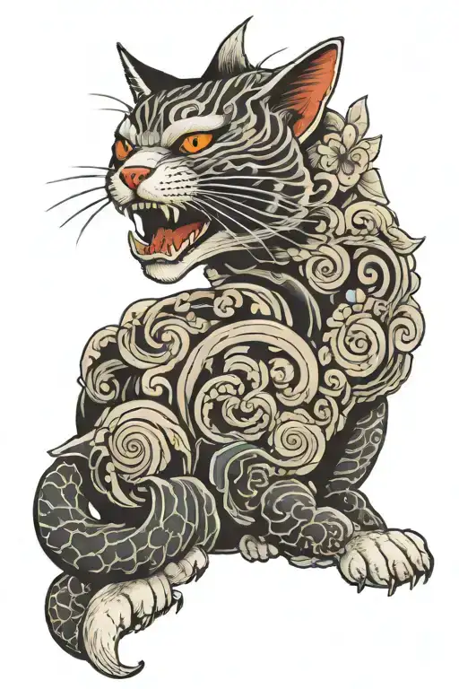 Traditional Japanese Tattoo With The Head Of A White Hissing Cat