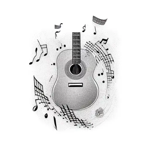 A Golden Guitar With Music Notes Floating Around It