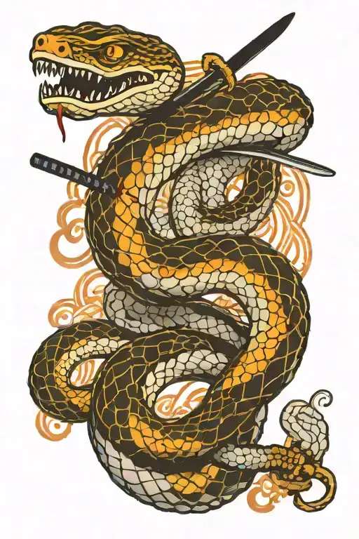 Scaled Snake With Blood Glowing Effect And Shadows With A Japanese Katana