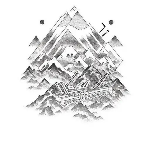 A Traditional Tattoo Design Of A Mountain Range With A Dj Turntable And Musical Notes Surrounding It
