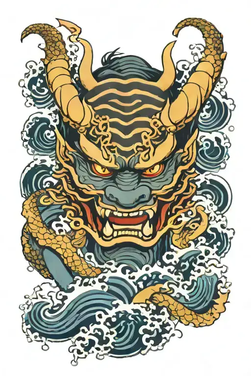 Oni Mask Surrounded By Waves And With The Dragon Wrapped