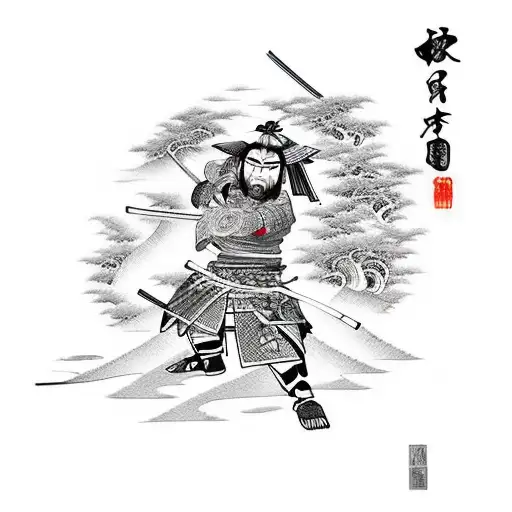 Samurai Fighting Himself Surrounded By Nature