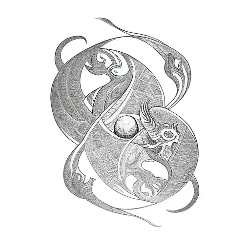 Man Walking Down A Staircase With A Yinyang On His Back With A Dragon In The Background