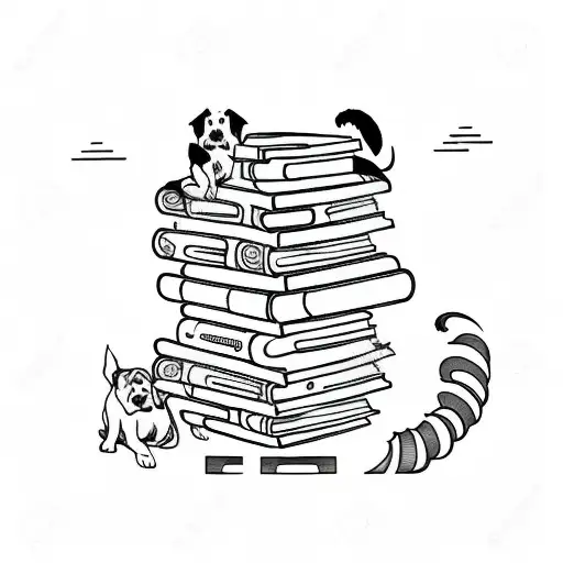 A Minimalist Tattoo Of A Bookshelf Filled With Books And A Dog Sitting On Top