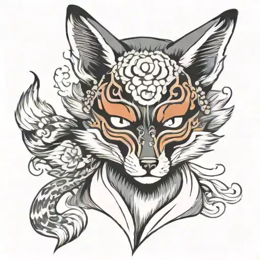 A Entire Fox From Japanese Folklore With His Kitsune Mask On The Side Of His Head