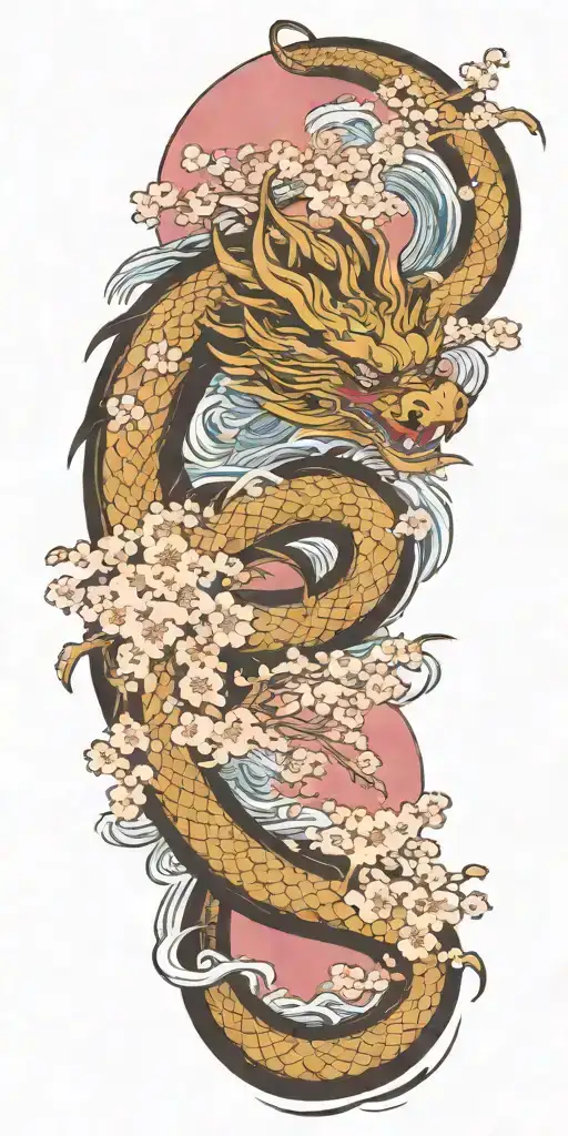 A Fierce Dragon Emerging From The Ocean Waves With Cherry Blossom Trees In The Background
