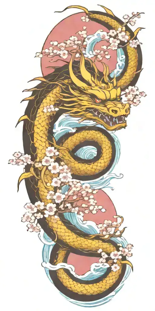A Fierce Dragon Emerging From The Ocean Waves With Cherry Blossom Trees In The Background