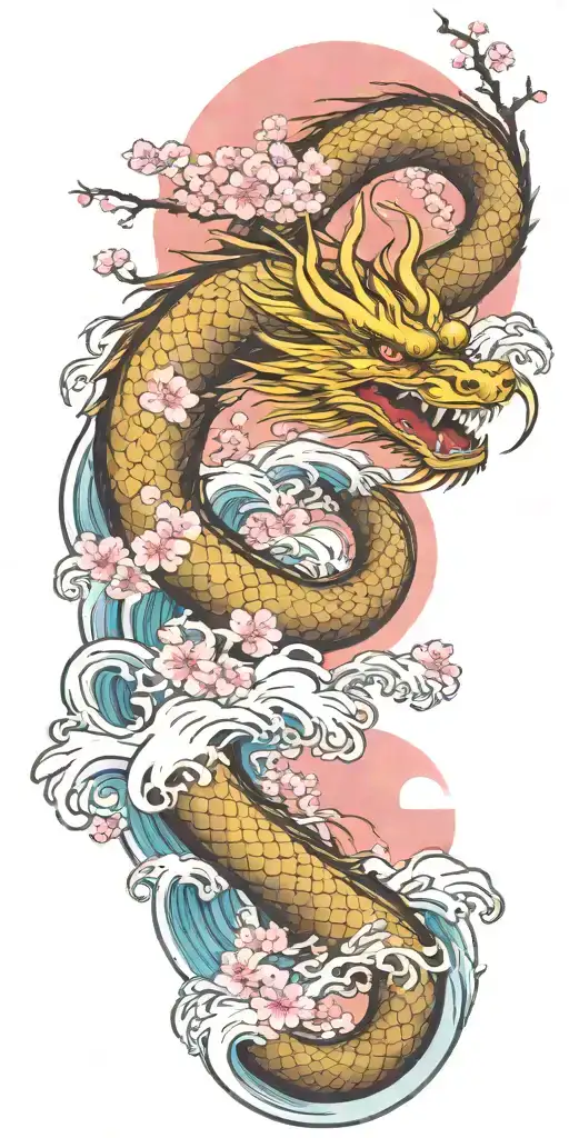 A Fierce Dragon Emerging From The Ocean Waves With Cherry Blossom Trees In The Background