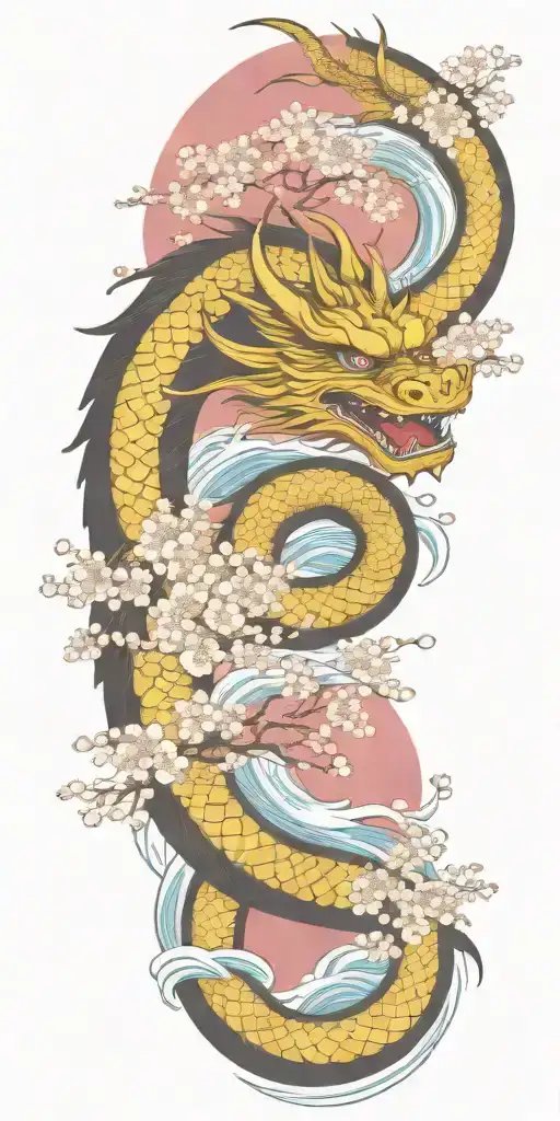A Fierce Red Dragon Emerging From The Blue Ocean Waves With Cherry Blossom Trees In The Background