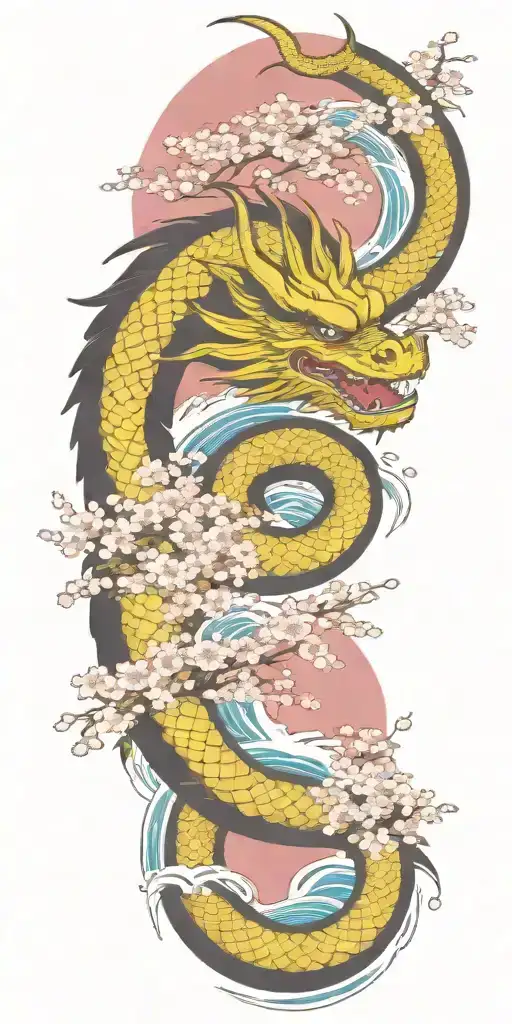 A Fierce Red Dragon Emerging From The Blue Ocean Waves With Cherry Blossom Trees In The Background