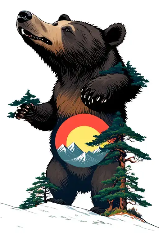 Bear In The Mountains And Sunrise With Trees