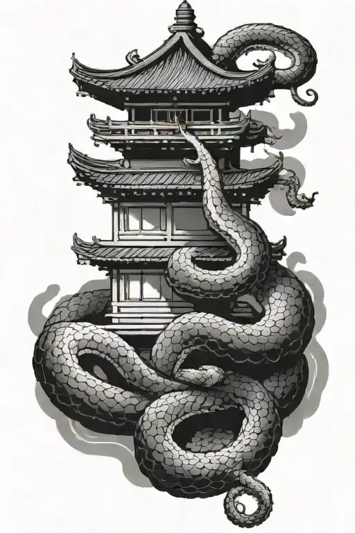 A Chinese Pagoda With A Big Snake Coiled Around It