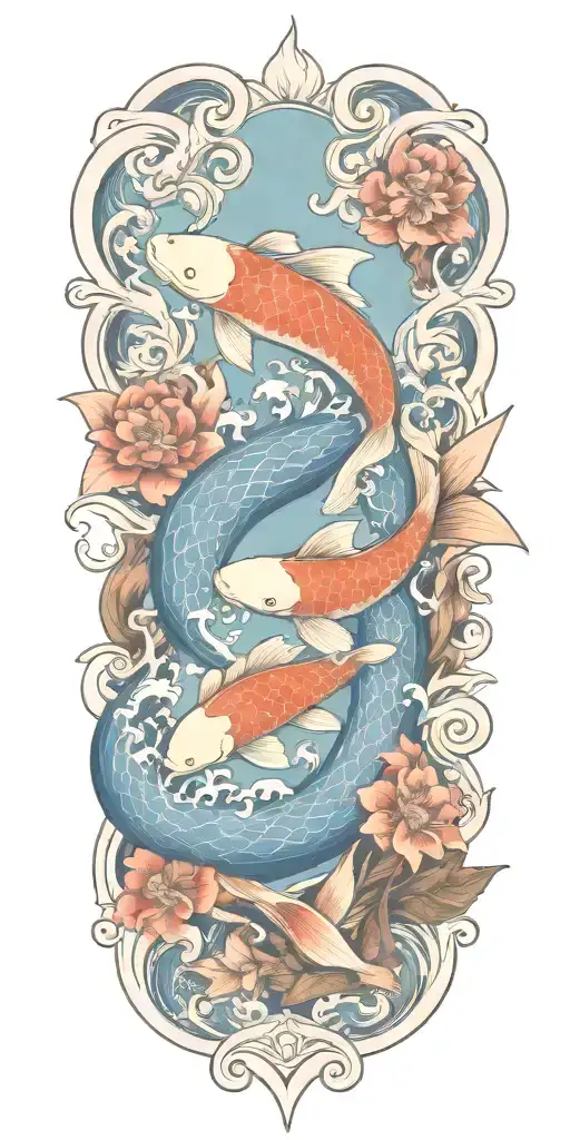 Floral Design Incorporating Elements Of The Sea And Islands And Koi