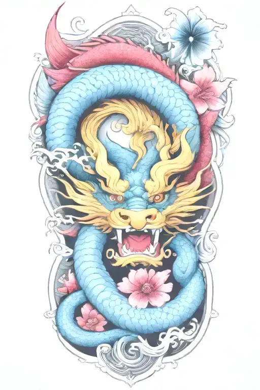 Floral Japanese Tattoo With Dragon And Water