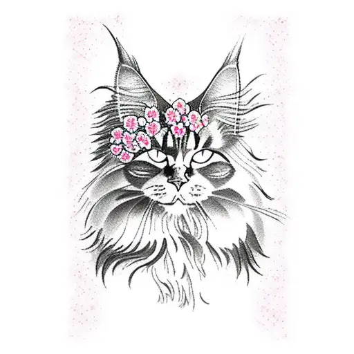 Maine Coon Cat And Cherry Blossoms