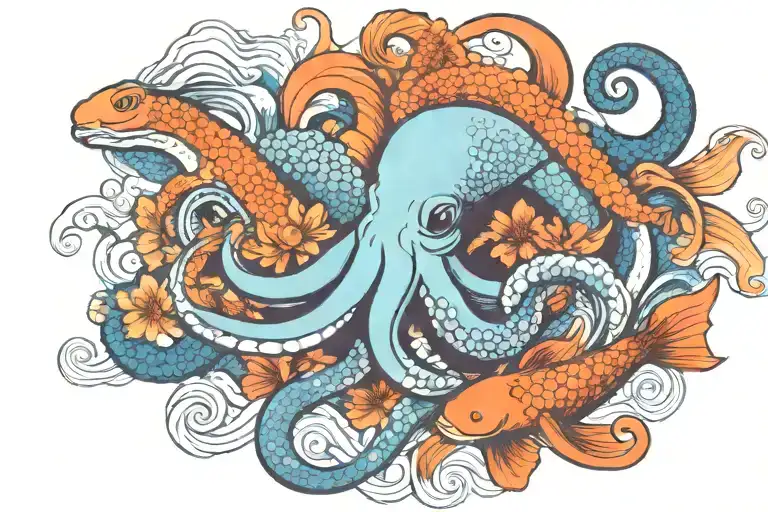 Colorful Octopus And Koi Fish Swimming Together Symbolizing