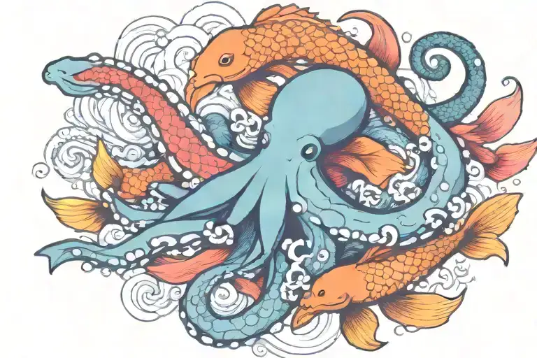 Colorful Octopus And Koi Fish Swimming Together Symbolizing
