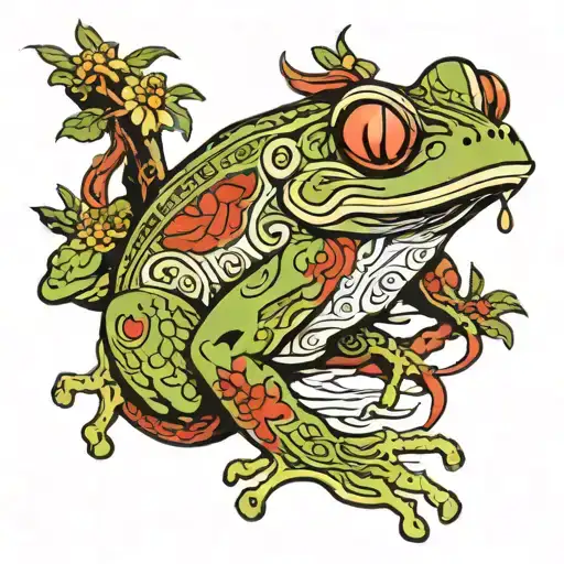 Make A Color Sketch For A Japanese Style Tattoo With A Japanese Mask And Frog And Inscriptions
