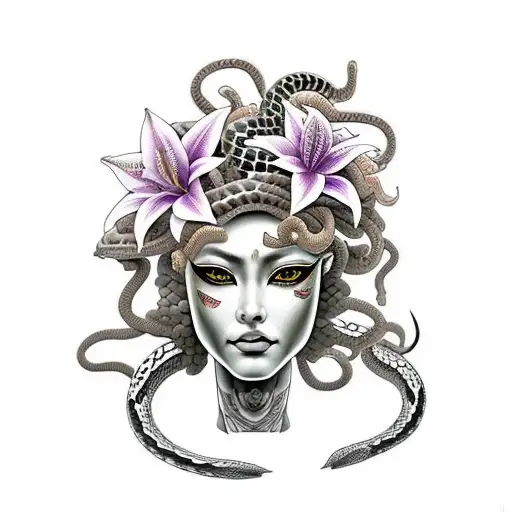 Egyptian Medusa With Angry Snake Hair And Lillies