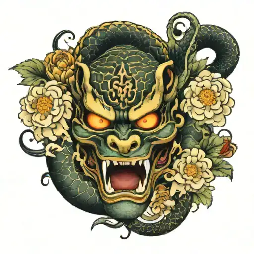 Snake Sleeve With Chrysanthemum And Hannya Mask