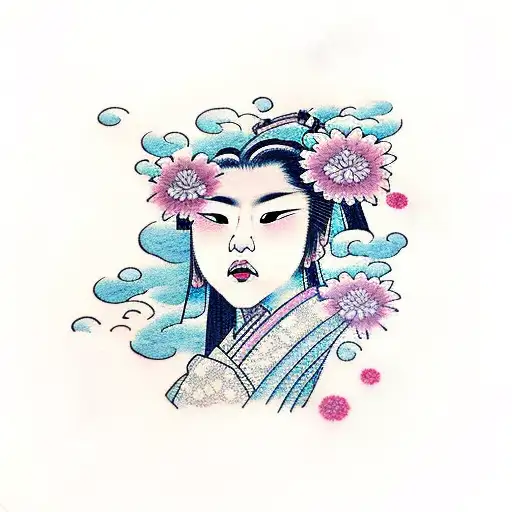 Female Samurai With Flowers And Cloud Background