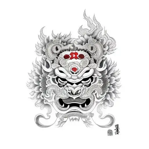 Foo Dog With Oni Mask And Chrysanthemum