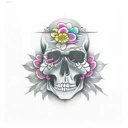 Abstract Fine Lines With Faces And Skulls And Flowers