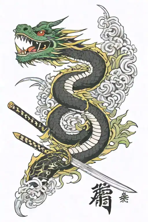 Katana Dragon And Japanese Writings