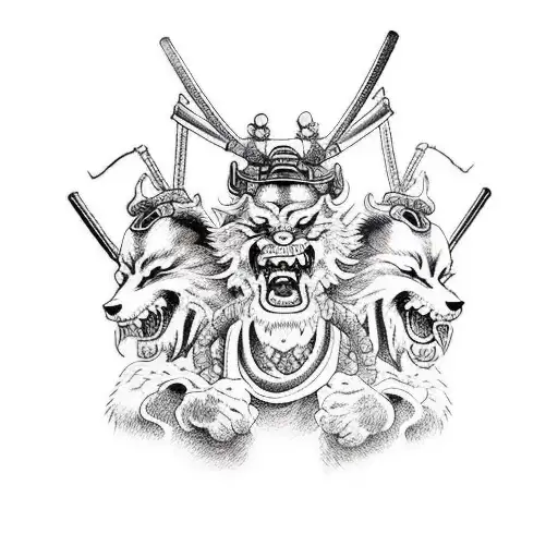 Calm Samurai Taming Angry Three Headed Cerberus