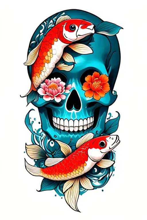 Calavera With Flowers In The Eyes And Japanese Koi Carp Around It