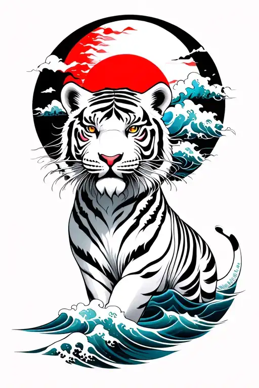 Red Sun With Waves And White Tiger