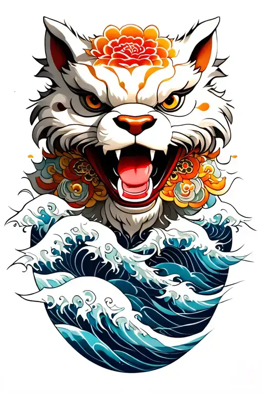 Japanese Foo Dog With Waves