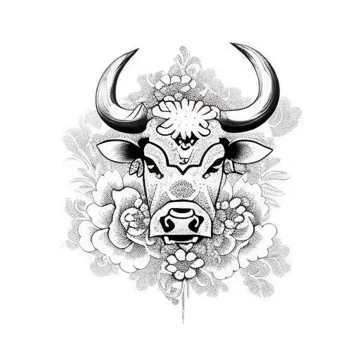 Aggressive Bull With Flowers Black And White