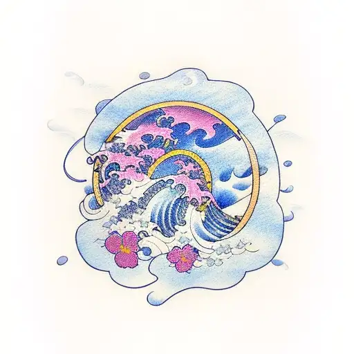 Waves Samurai Sakura Flowers