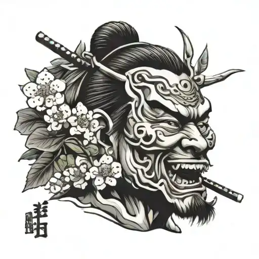 Samurai Face Laugh Now Cry Later Sperated With A Cherry Blossom Branch