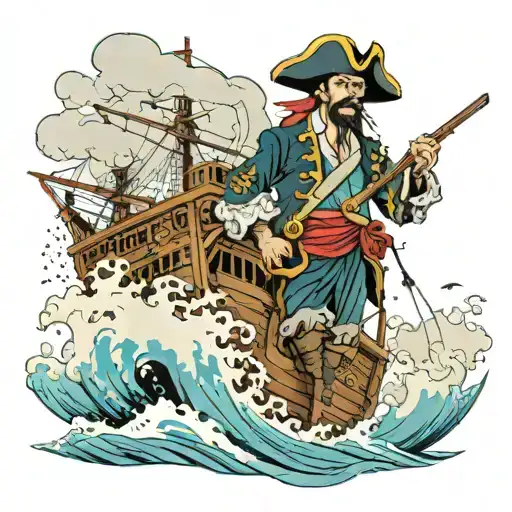 A Pirate Ship In The Rough Sea With Captain At The Helm