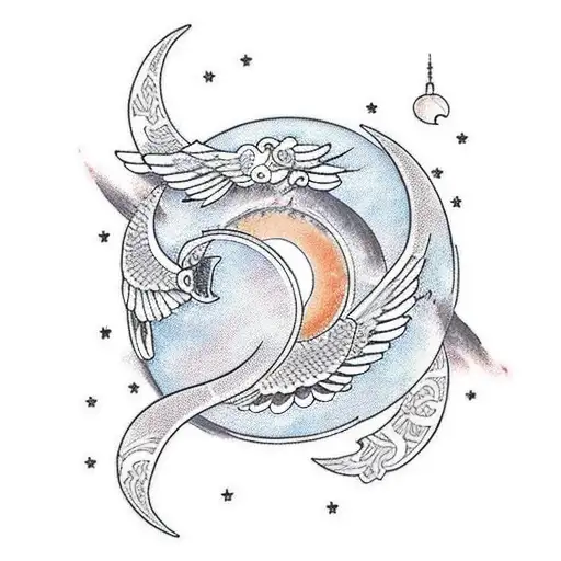 Crescent Moon And Star With Wings