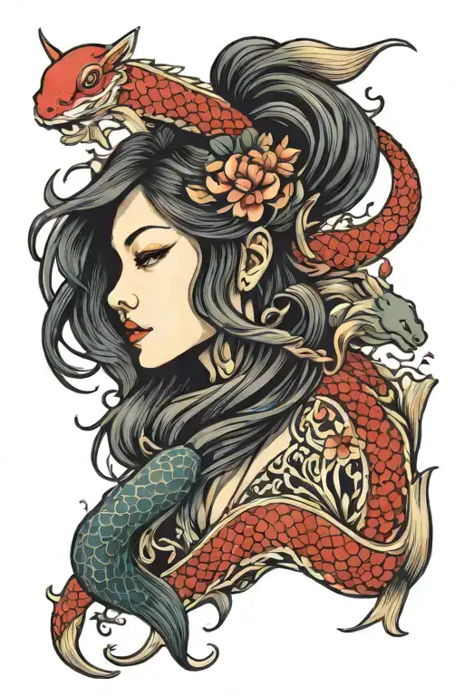 Mermaid And Totem Style Tattoo Incorporating