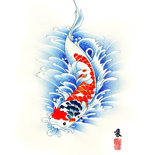Koi Fish With Waves And Flowers