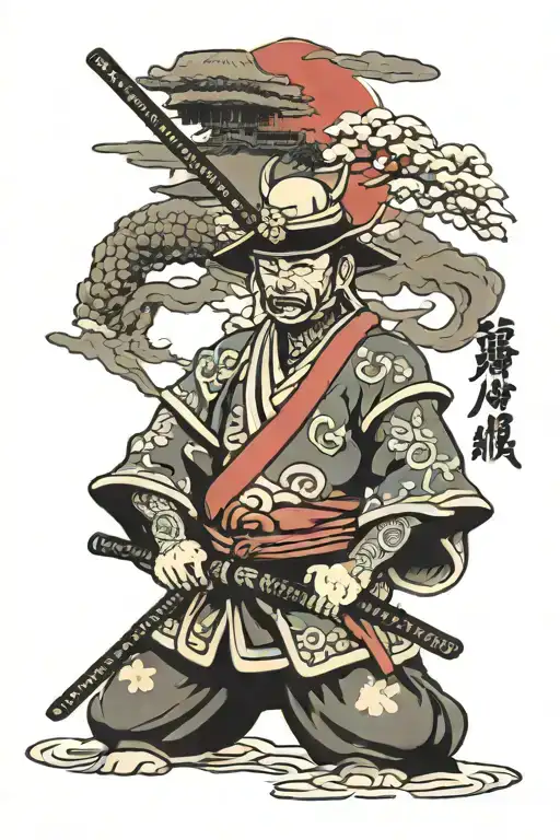 Samurai Standing Before House