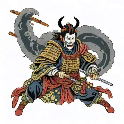 Samurai In A Mask And Armor And Many Small Details Around Him In Color