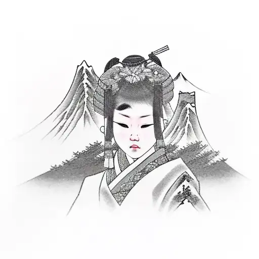 A Girl Of Asian Appearance In A Kimano Stands Near The Beautiful Mountains