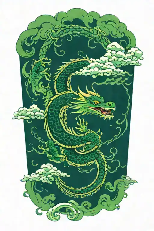 Green Dragon And Japanese Clouds With Thunder
