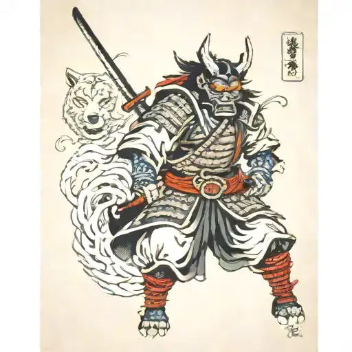 Samurai With Oni Mask With Lone Wolf