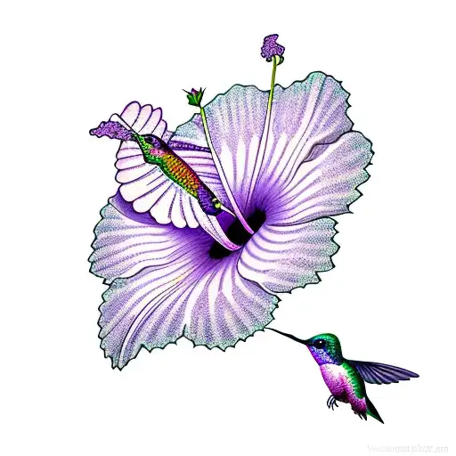 Hummingbird Feeding On A Hibiscus Flower In Purple And Blue