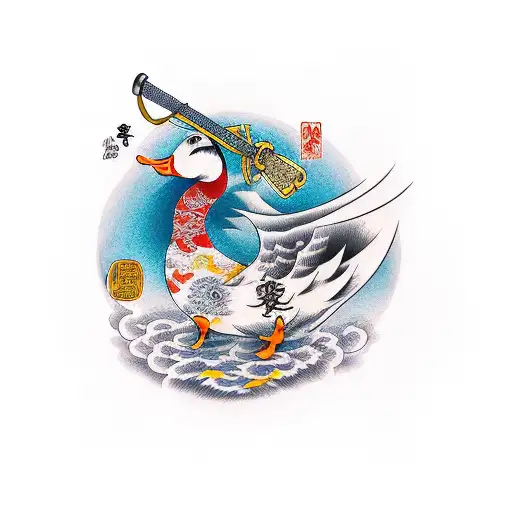 Cartoon Duck Swinging A Samurai Sword