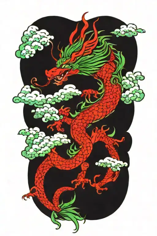 Green Dragon And Japanese Clouds Floating